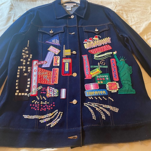 Diane GilmuColorful Embellished Denim Jacket NYC themed L - Picture 4 of 13